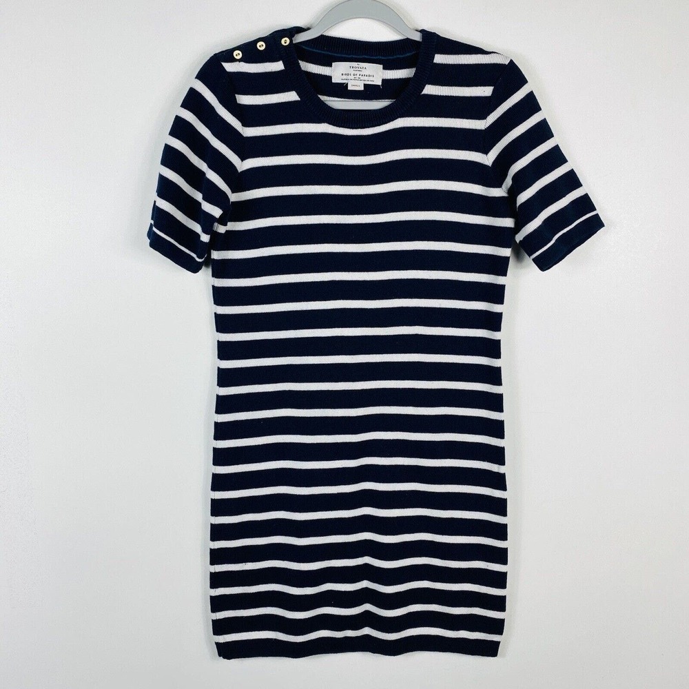 Trovata Birds Of Paradis Size Small Striped Knit Dress Navy Blue White